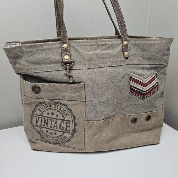 Myra Bag Handbags - Myra Bag Large Tote Canvas & Leather Vintage Military Motif Taupe Tan Purse